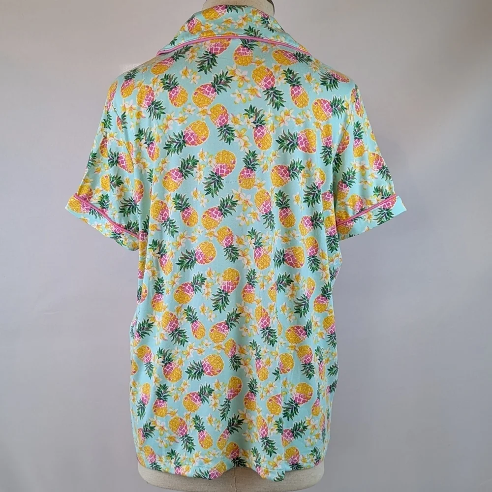 Pillow Talk Tropical Pineapple Print PJ Set Short Sleeve Top Pants Aqua M NWT - Picture 7 of 12